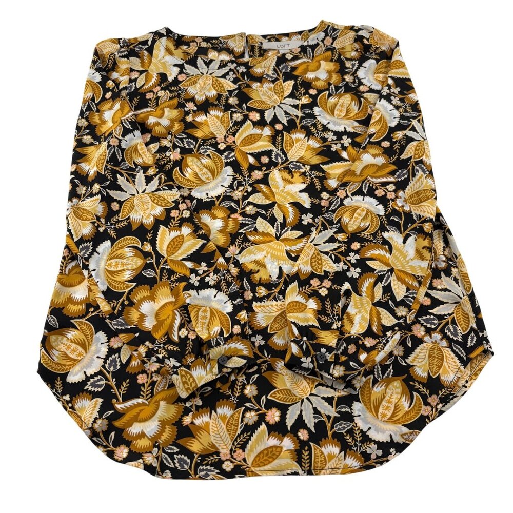 Loft Women's Floral Blouse Sz Small Black Yellow Long Sleeve Career Top